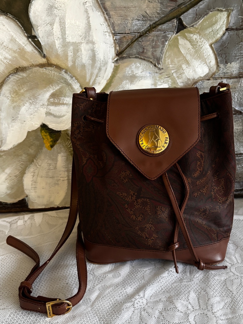 Vintage Francois Marot Paris Paisley Backpack Made in France Brown Leather Trim